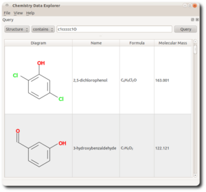 Main window showing the results of a substructure query. Diagrams are those generated from OpenBabel using the new import script.